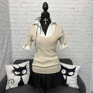 Y2K San Fransisco beige scoop neck top with ribbed waist and cable knit detail M